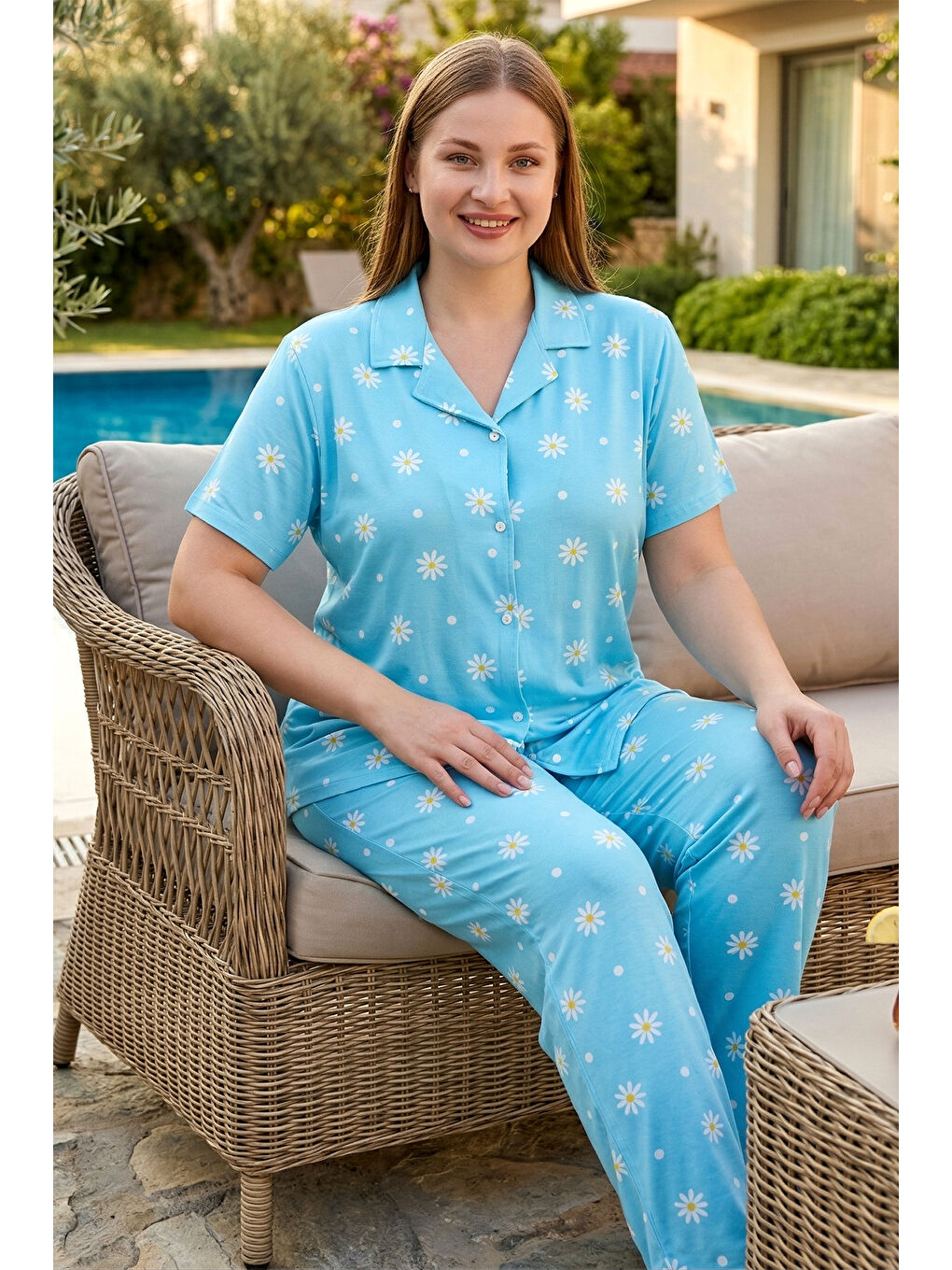 Büyük Beden Kadın Kısa Kol Milan Kumaş Pijama Takımı 50501-2484 Mavi03-2