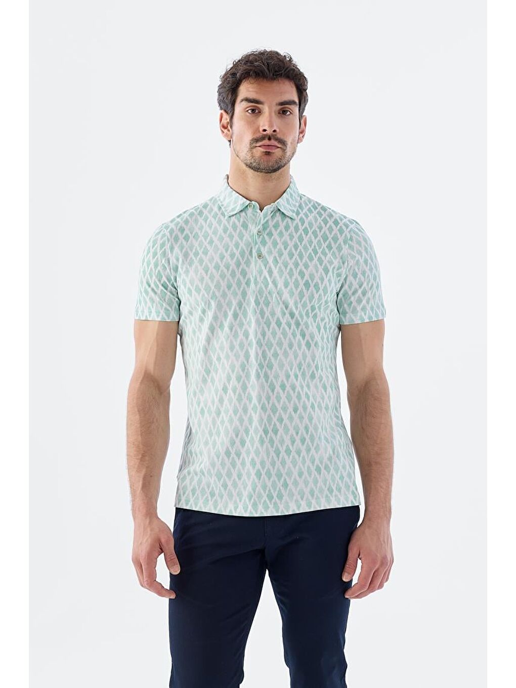 Yeşil Mint Slim Fit Desenli Polo Yaka T-Shirt-1