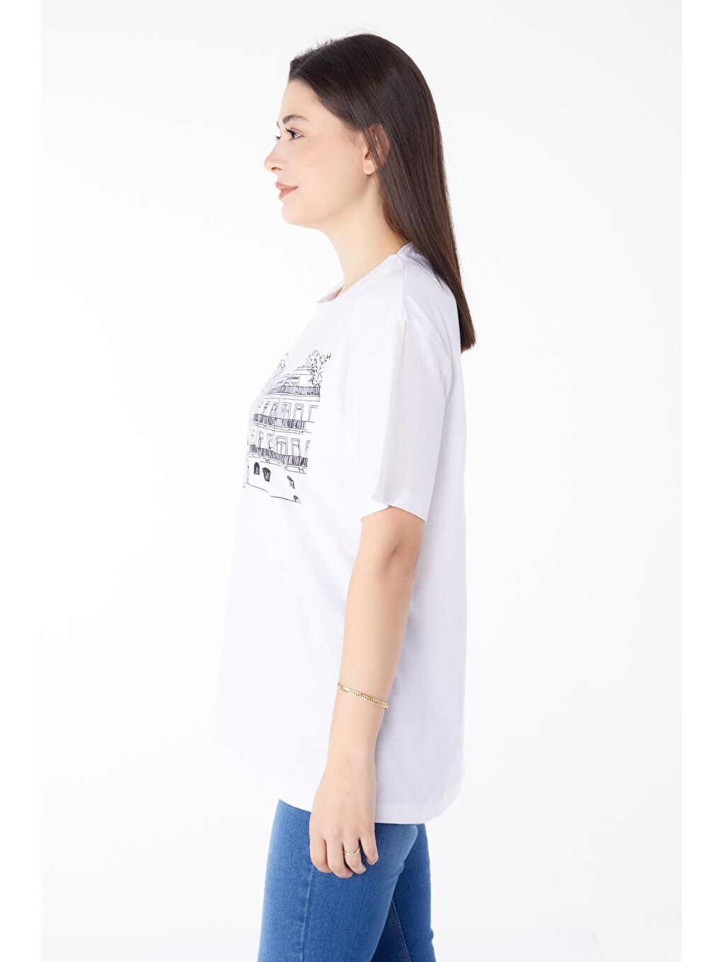 TOFİSA Beyaz Düz Bisiklet Yaka Kadın Beyaz Baskılı Kısa Kollu T-Shirt  - 25389 - 3