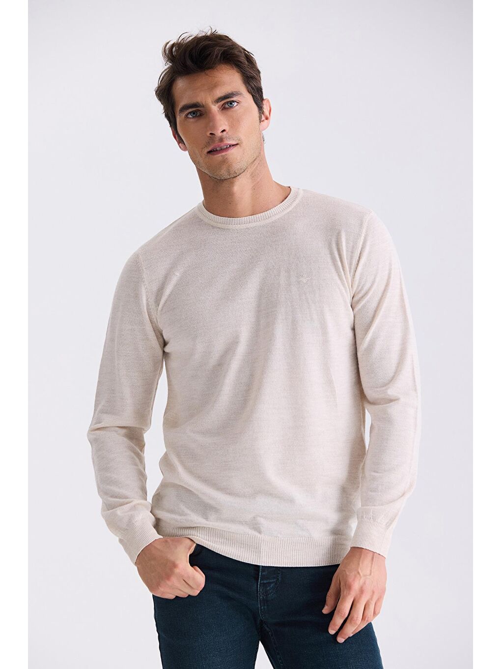 Bej Regular Fit Bisiklet Yaka Triko Kazak