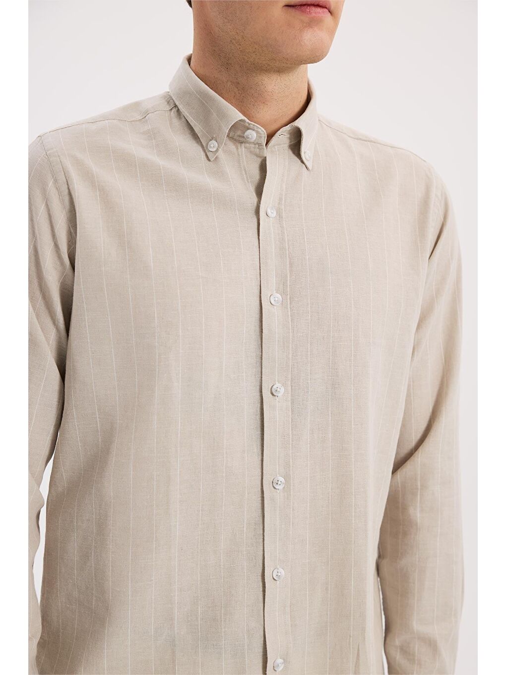 Bej Comfort Fit  Düğmeli Yaka Pamuklu Gömlek-2