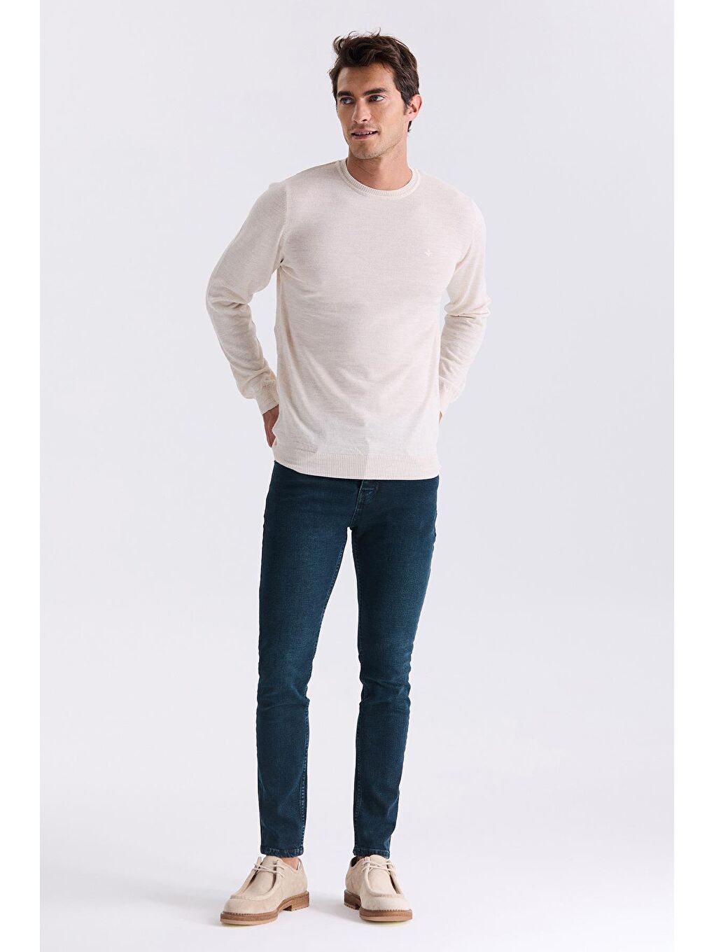 Bej Regular Fit Bisiklet Yaka Triko Kazak-1