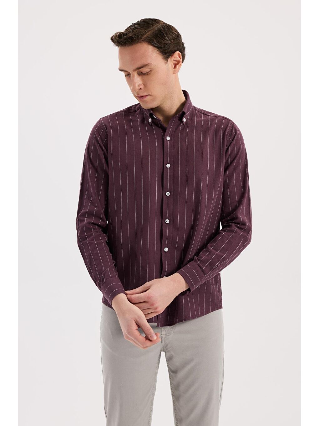 Bordo Comfort Fit Düğmeli Yaka Pamuklu Gömlek