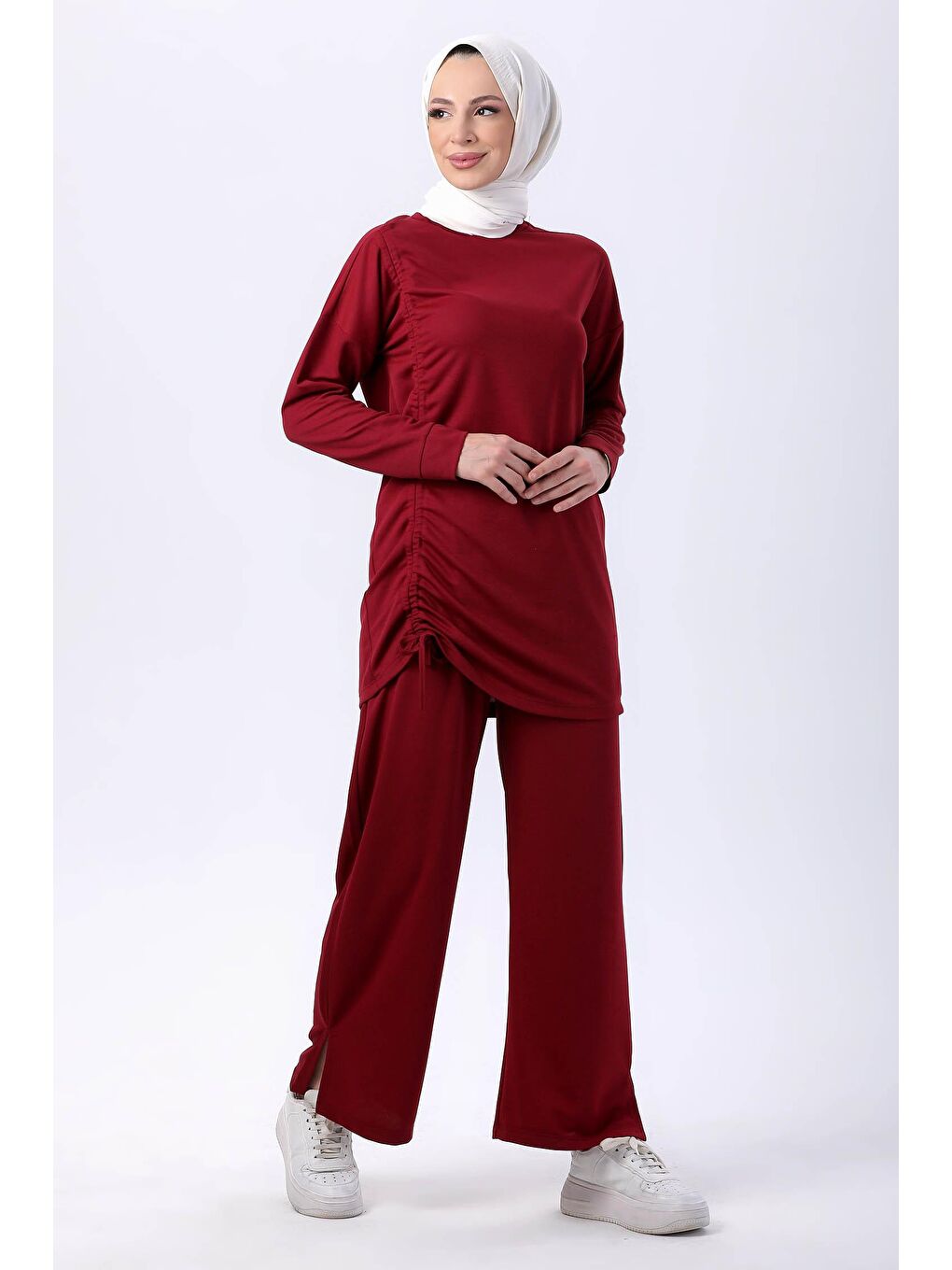 Bisiklet Yaka Kadın Bordo Tunik Pantolon - 13093-1