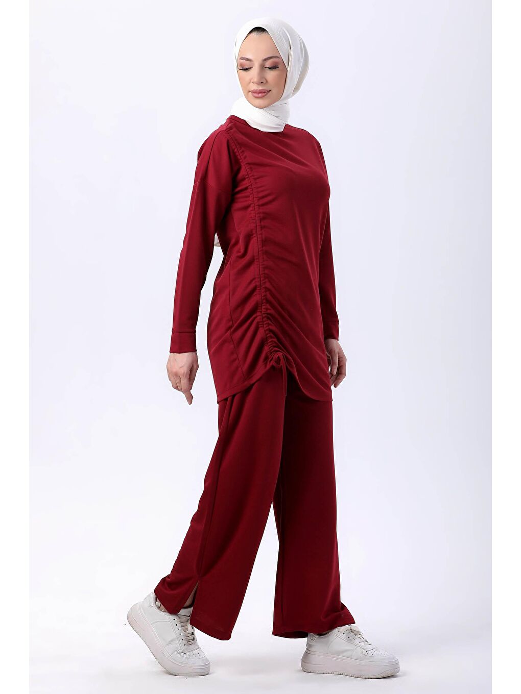 Bisiklet Yaka Kadın Bordo Tunik Pantolon - 13093-2