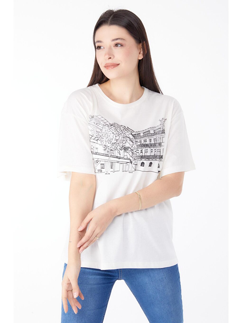 TOFİSA Ekru Düz Bisiklet Yaka Kadın Ekru Baskılı Kısa Kollu T-Shirt  - 25389 - 1