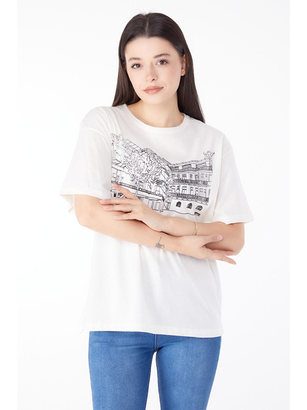 TOFİSA Ekru Düz Bisiklet Yaka Kadın Ekru Baskılı Kısa Kollu T-Shirt  - 25389 - 2