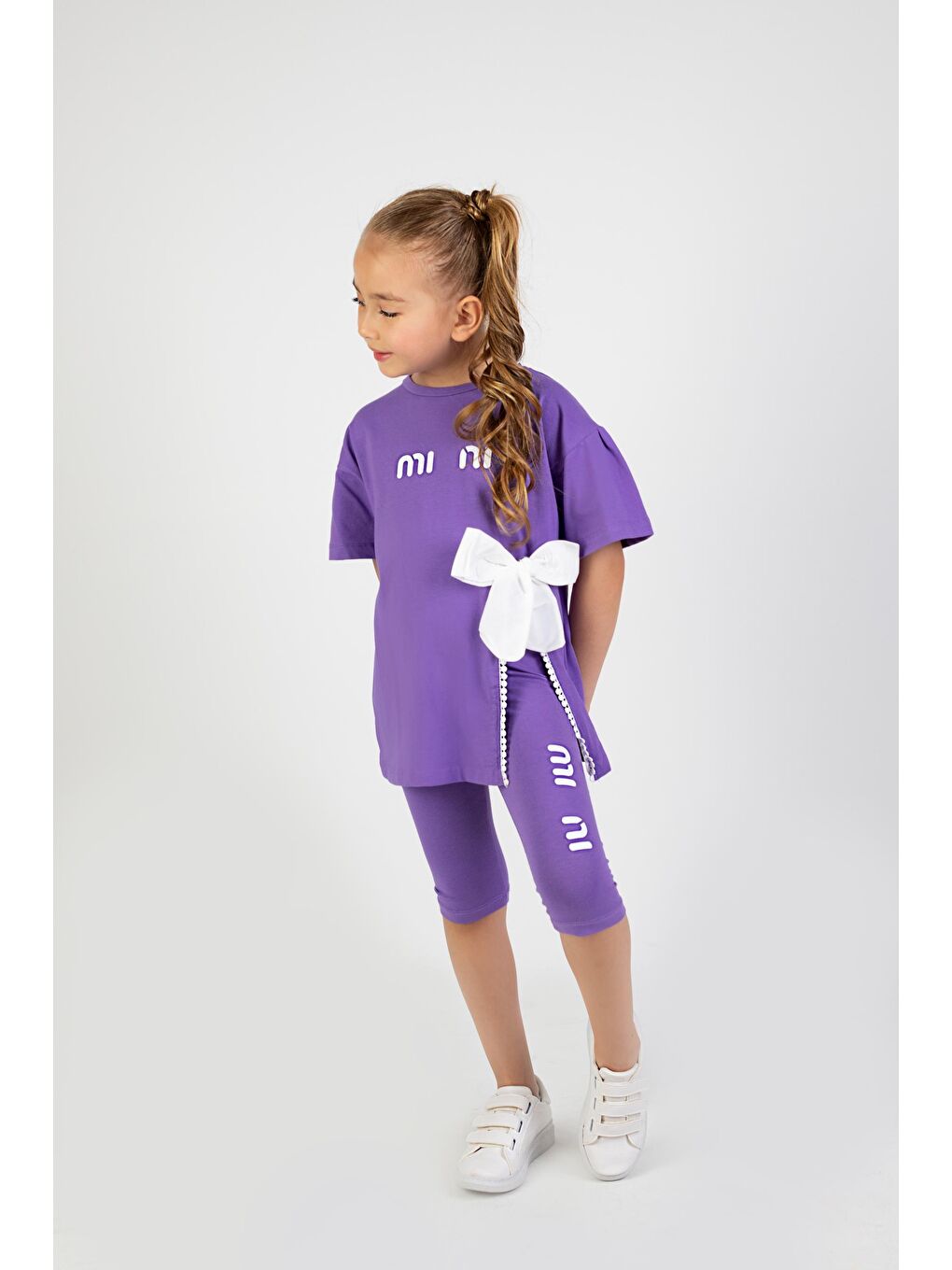 Mor Kız Çocuk Mini Baskılı Tunik Model Yazlık Basic Takım 6-9 yaş-1