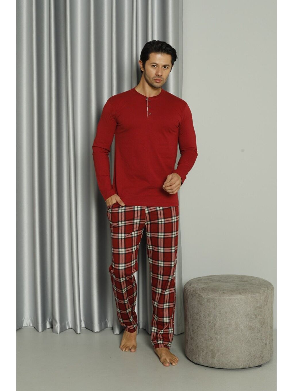 Bordo Erkek %100 Doğal Pamuk Ekoseli Uzun Kollu Düğmeli Yüksek Kaliteli Pijama Takımı
