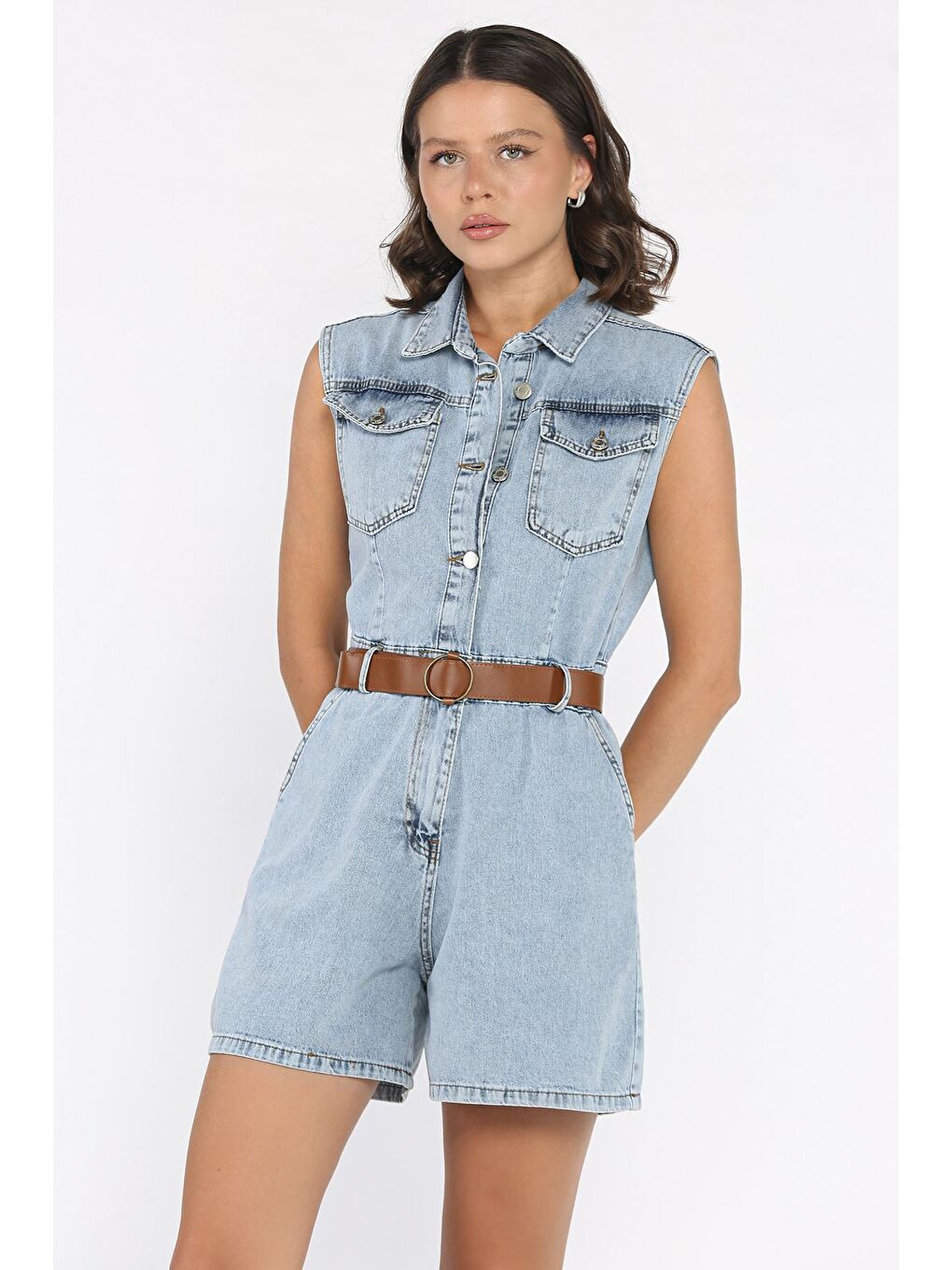 Mavi Kadın Kemerli Sıfır Kol Jean Jean Tulum-1