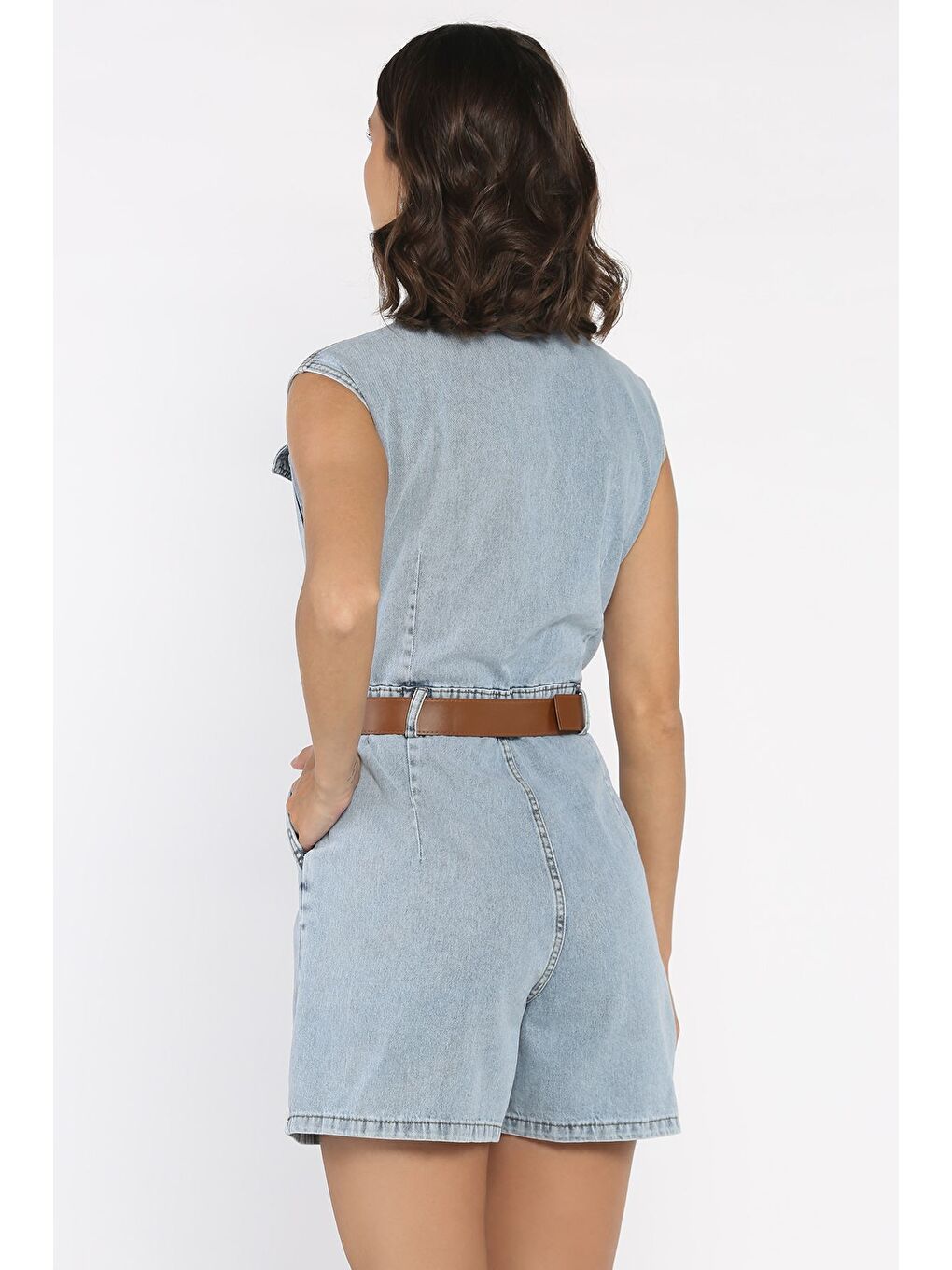 Mavi Kadın Kemerli Sıfır Kol Jean Jean Tulum-2