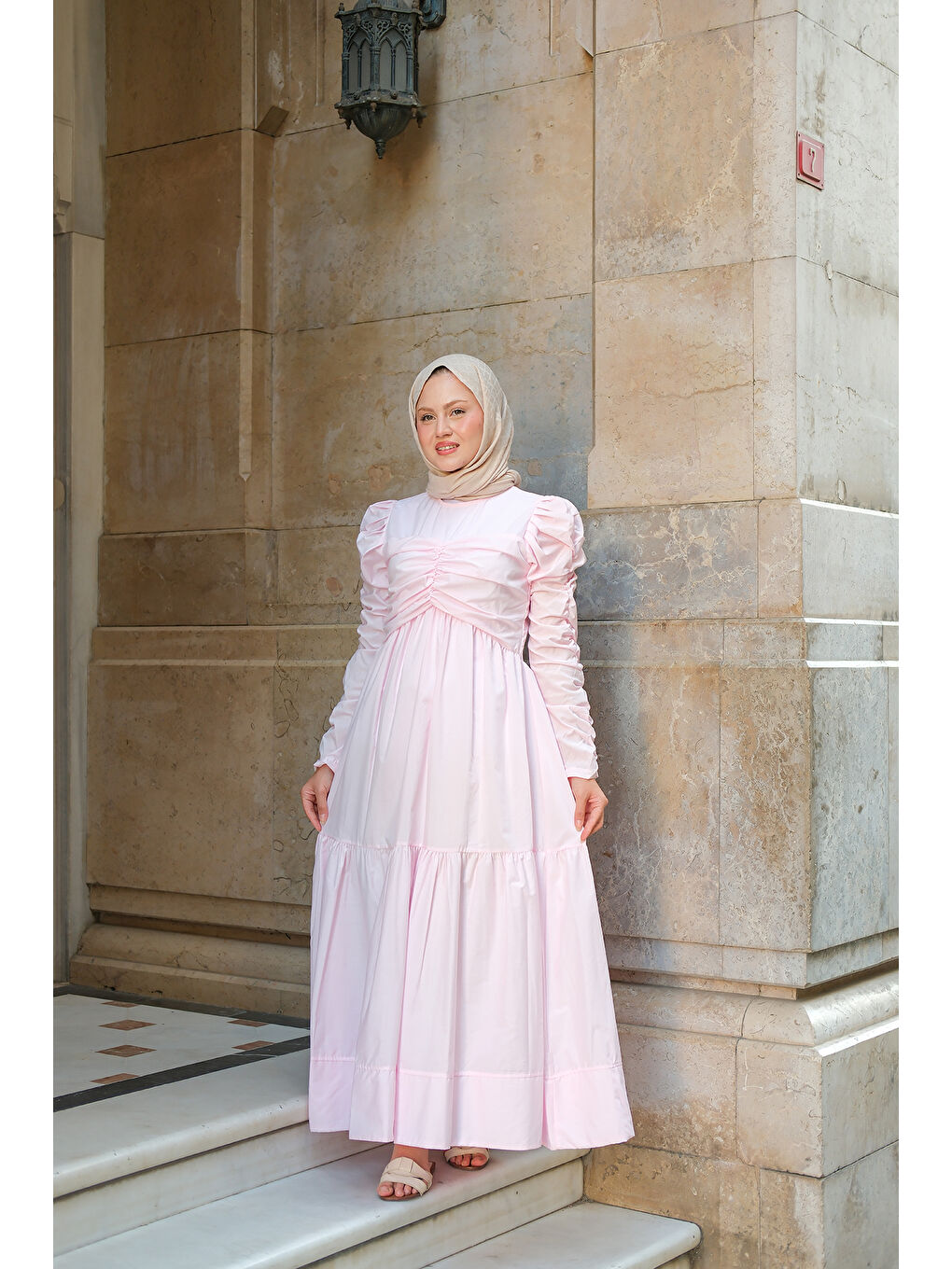 Kadın Büzgülü Poplin Elbise Pembe-2