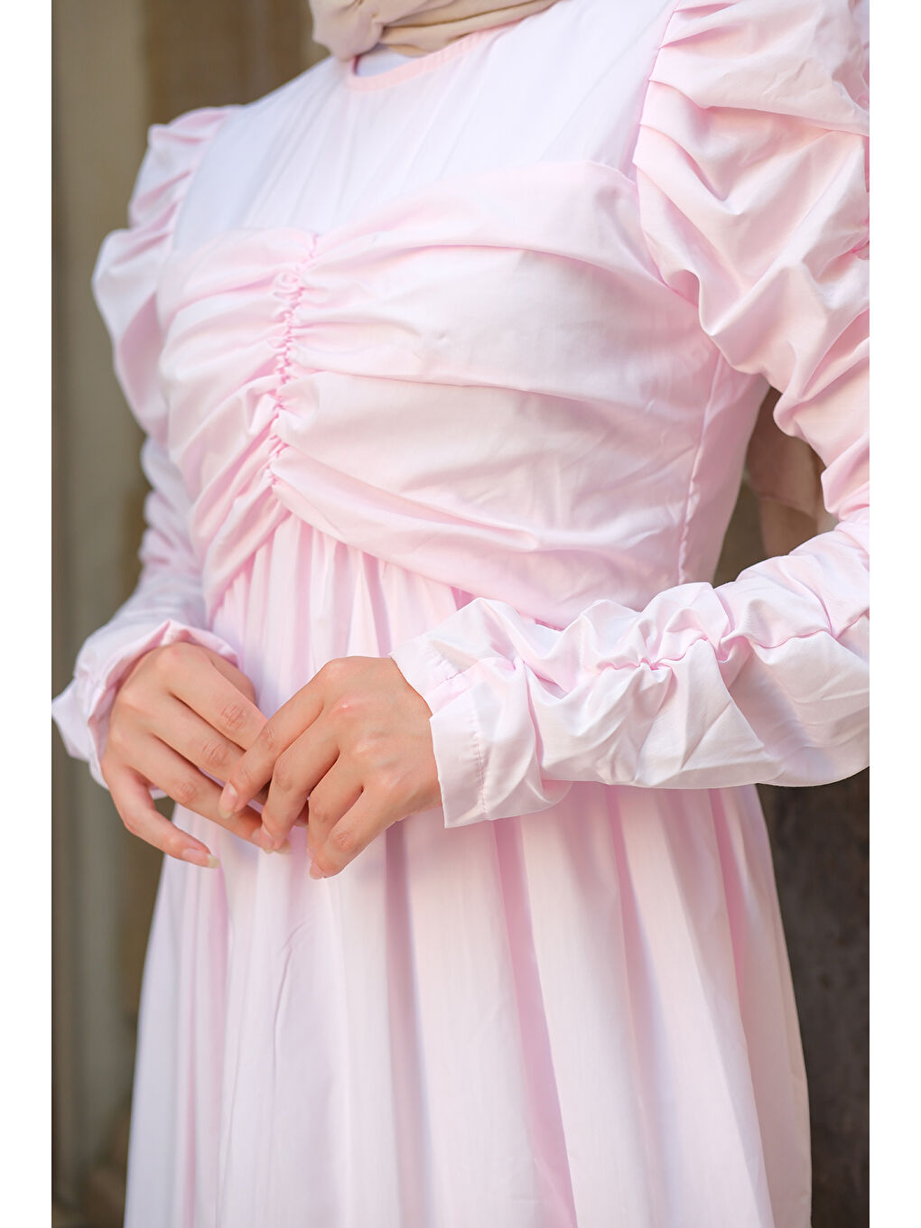 Kadın Büzgülü Poplin Elbise Pembe-3