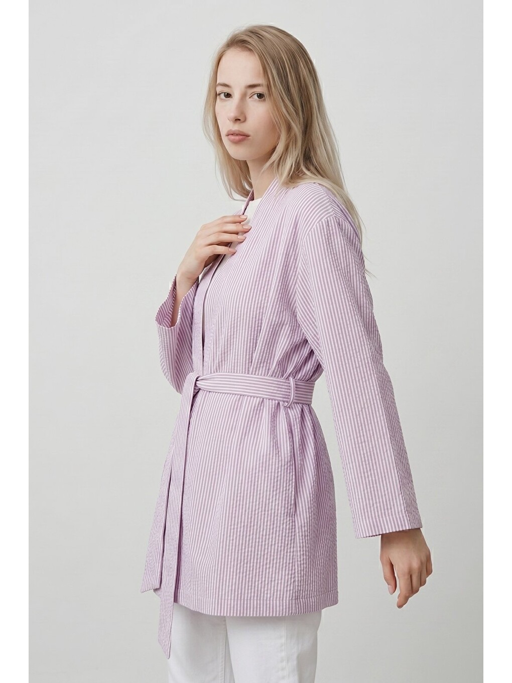Lila Kadın Dikey Çizgili Geniş Kollu Yazlık Relaxed Kimono-2