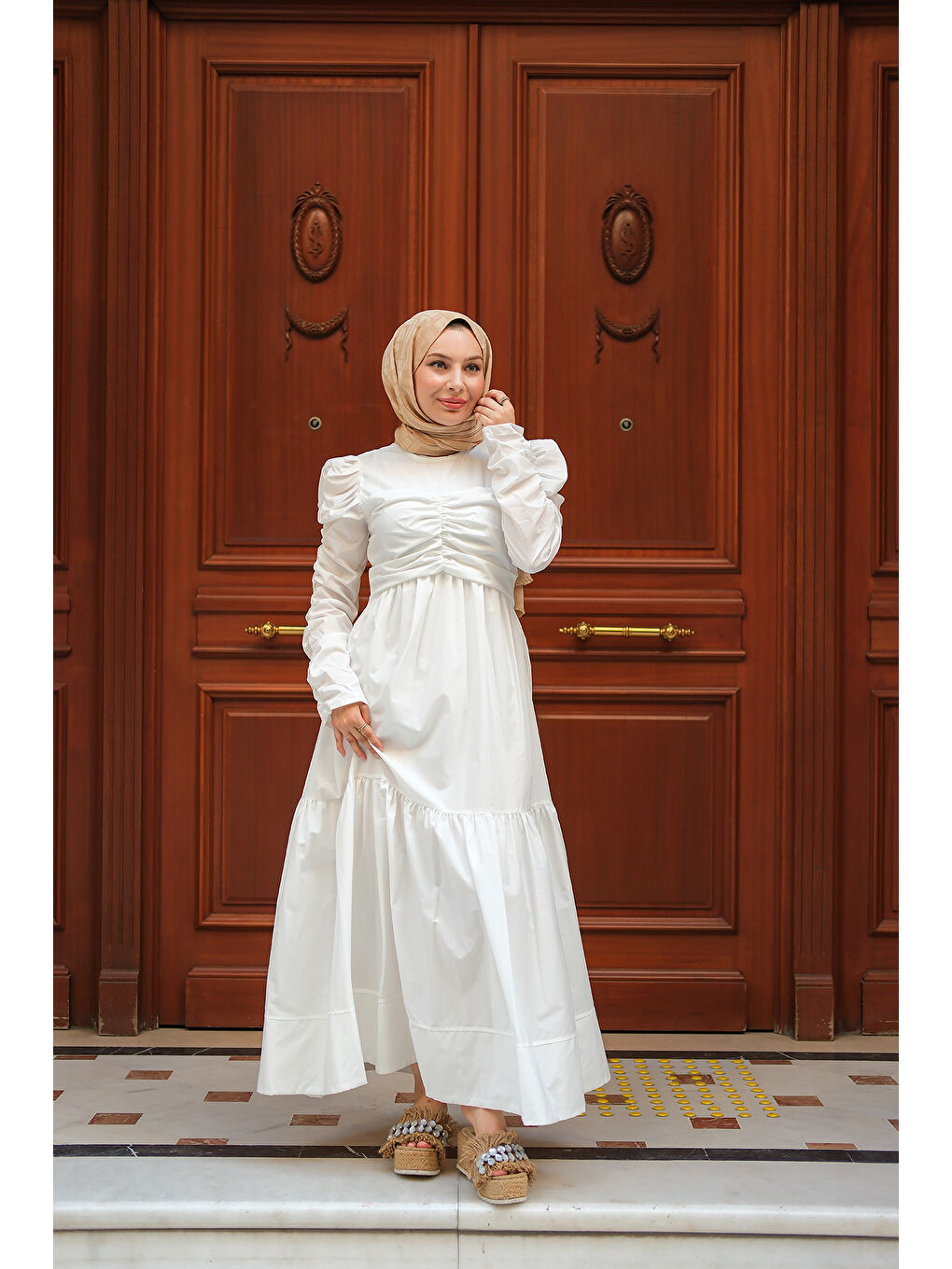 Kadın Büzgülü Poplin Elbise Beyaz-1