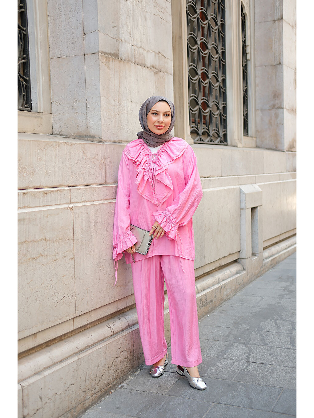 Kadın Fırfır Detay İkili Takım Pembe