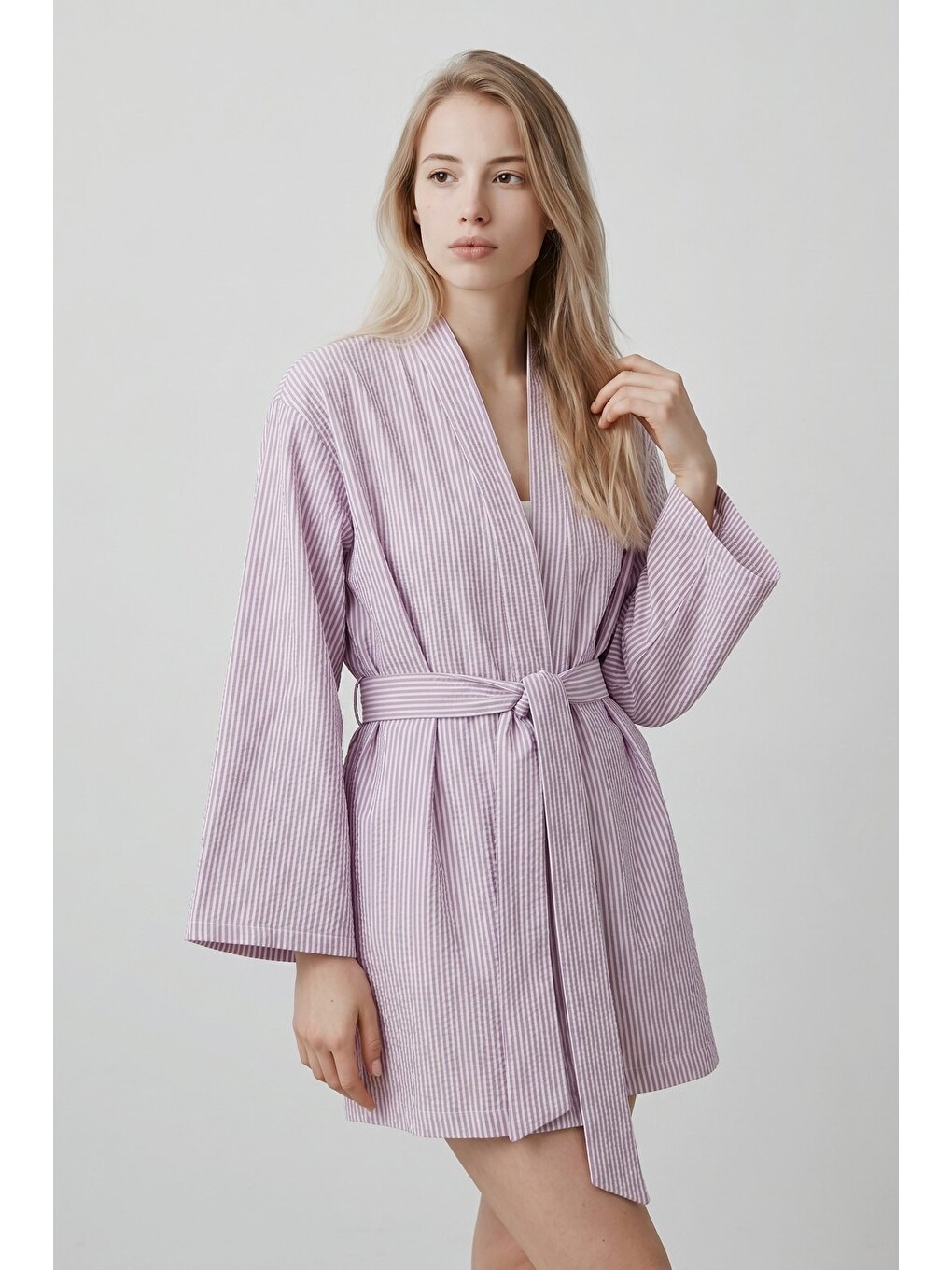 Lila Kadın Dikey Çizgili Geniş Kollu Yazlık Relaxed Kimono-3