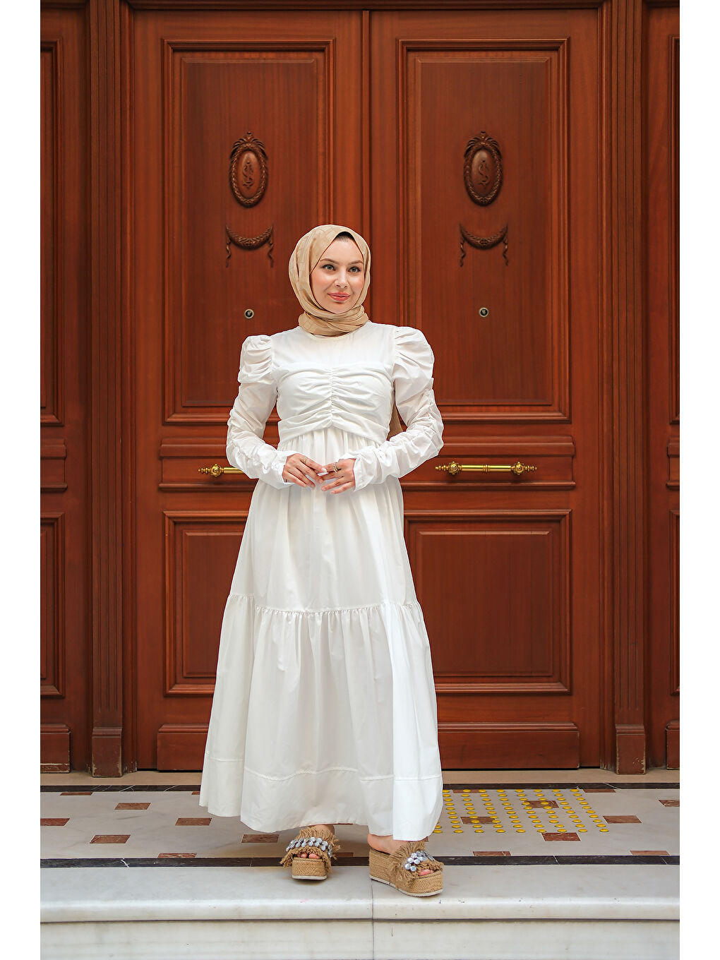 Kadın Büzgülü Poplin Elbise Beyaz-2