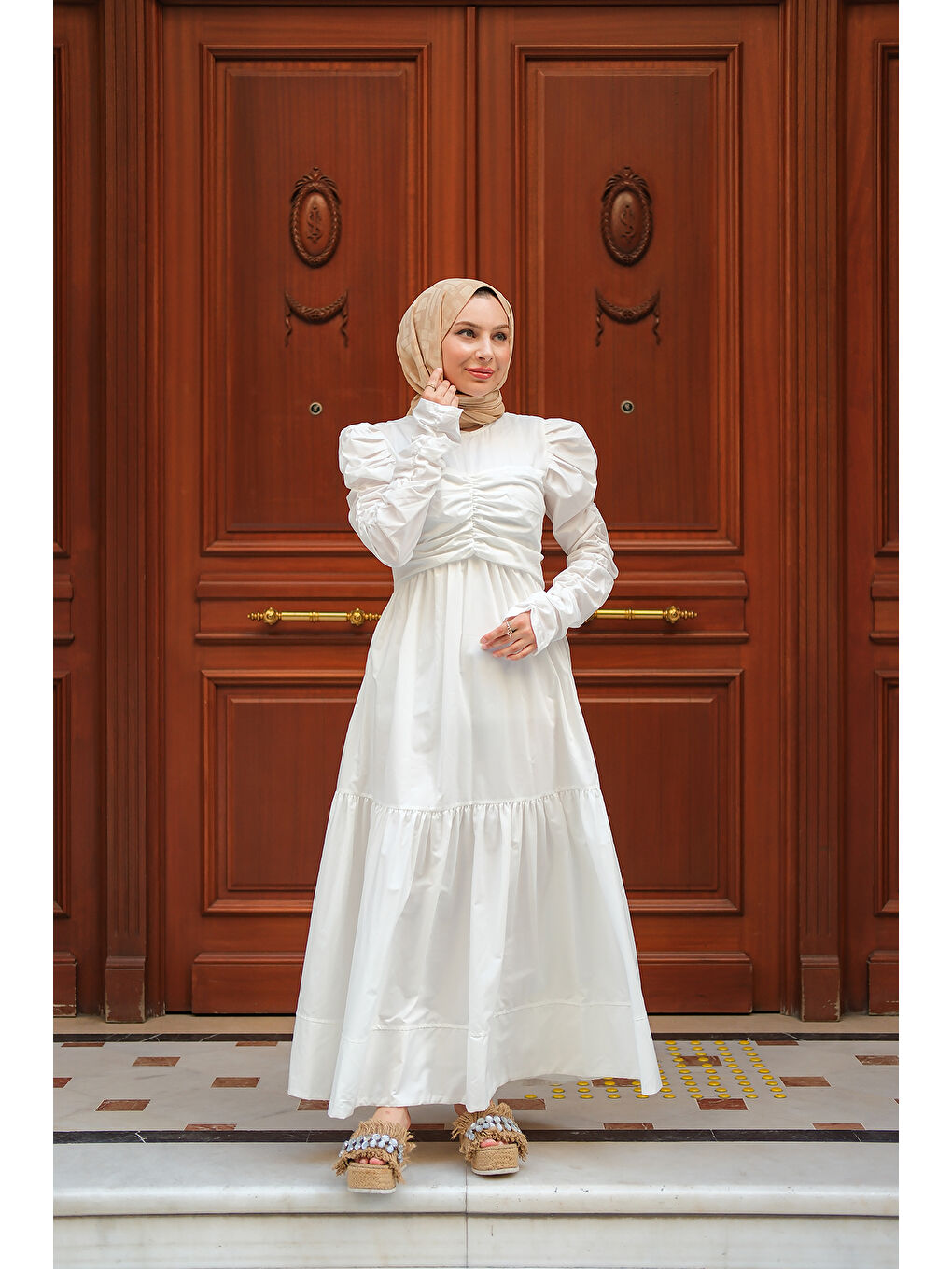 Kadın Büzgülü Poplin Elbise Beyaz-3