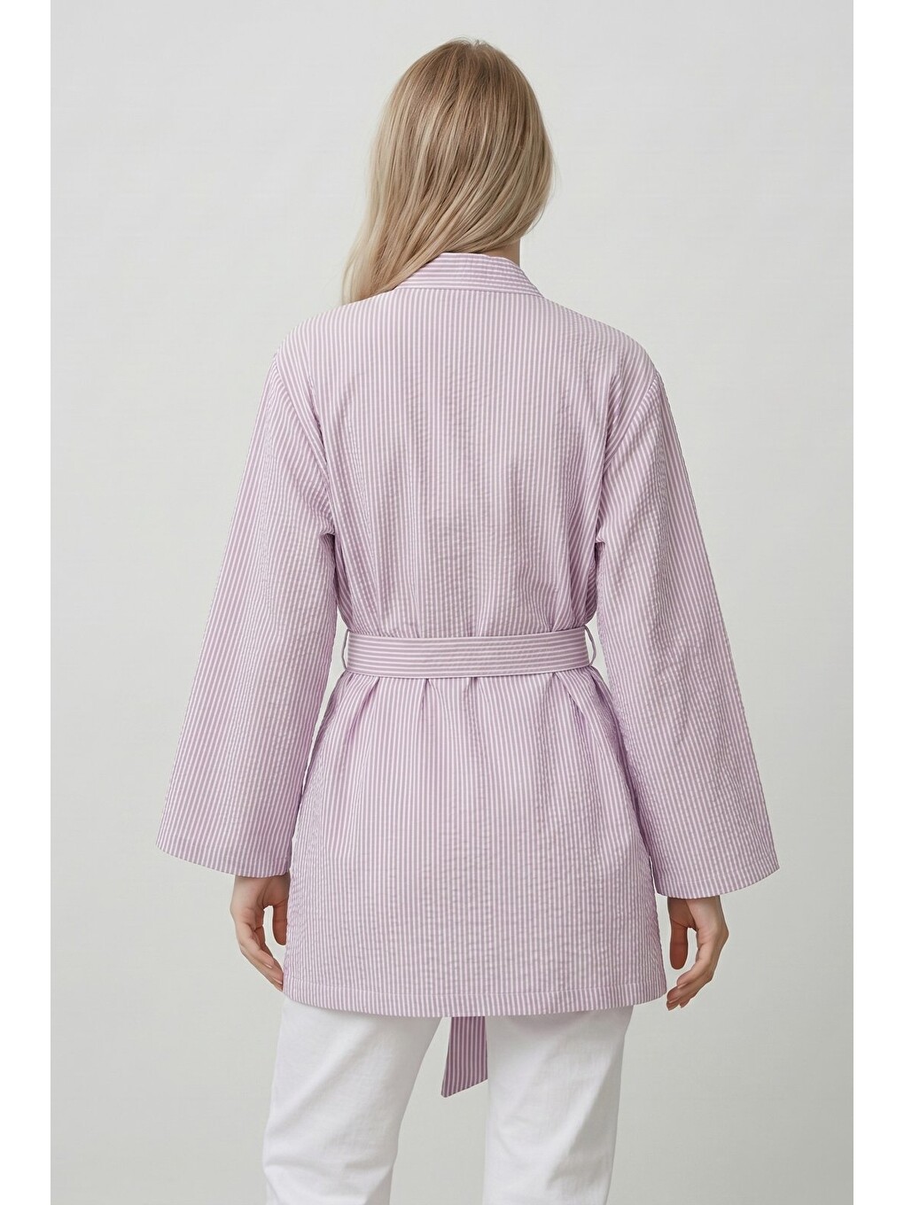 Lila Kadın Dikey Çizgili Geniş Kollu Yazlık Relaxed Kimono-4