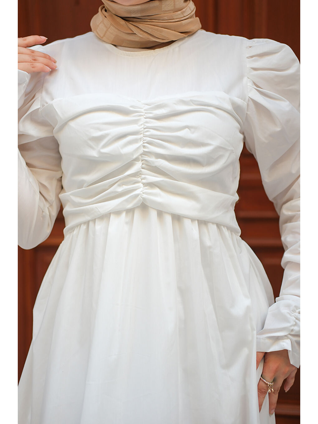 Kadın Büzgülü Poplin Elbise Beyaz-4