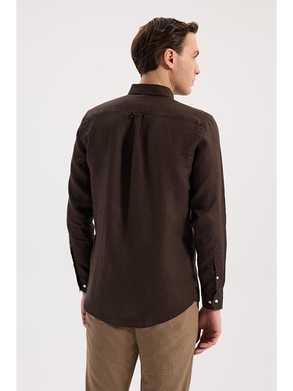 Kahverengi Kahve Comfort Fit %100 Keten Düğmeli Yaka Gömlek-3