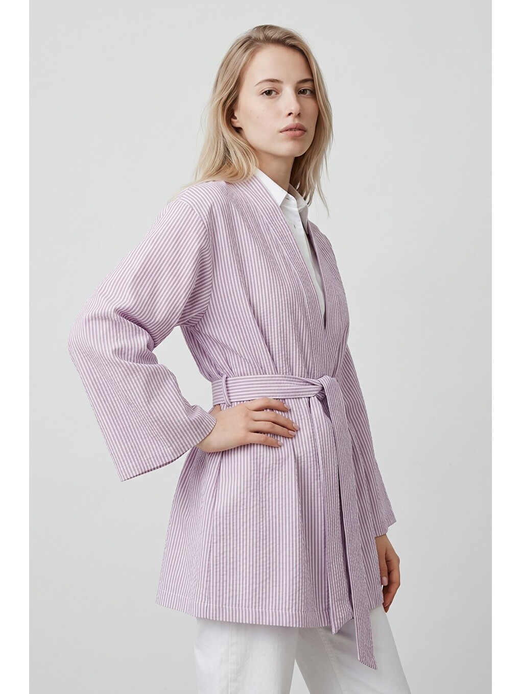 Lila Kadın Dikey Çizgili Geniş Kollu Yazlık Relaxed Kimono-5