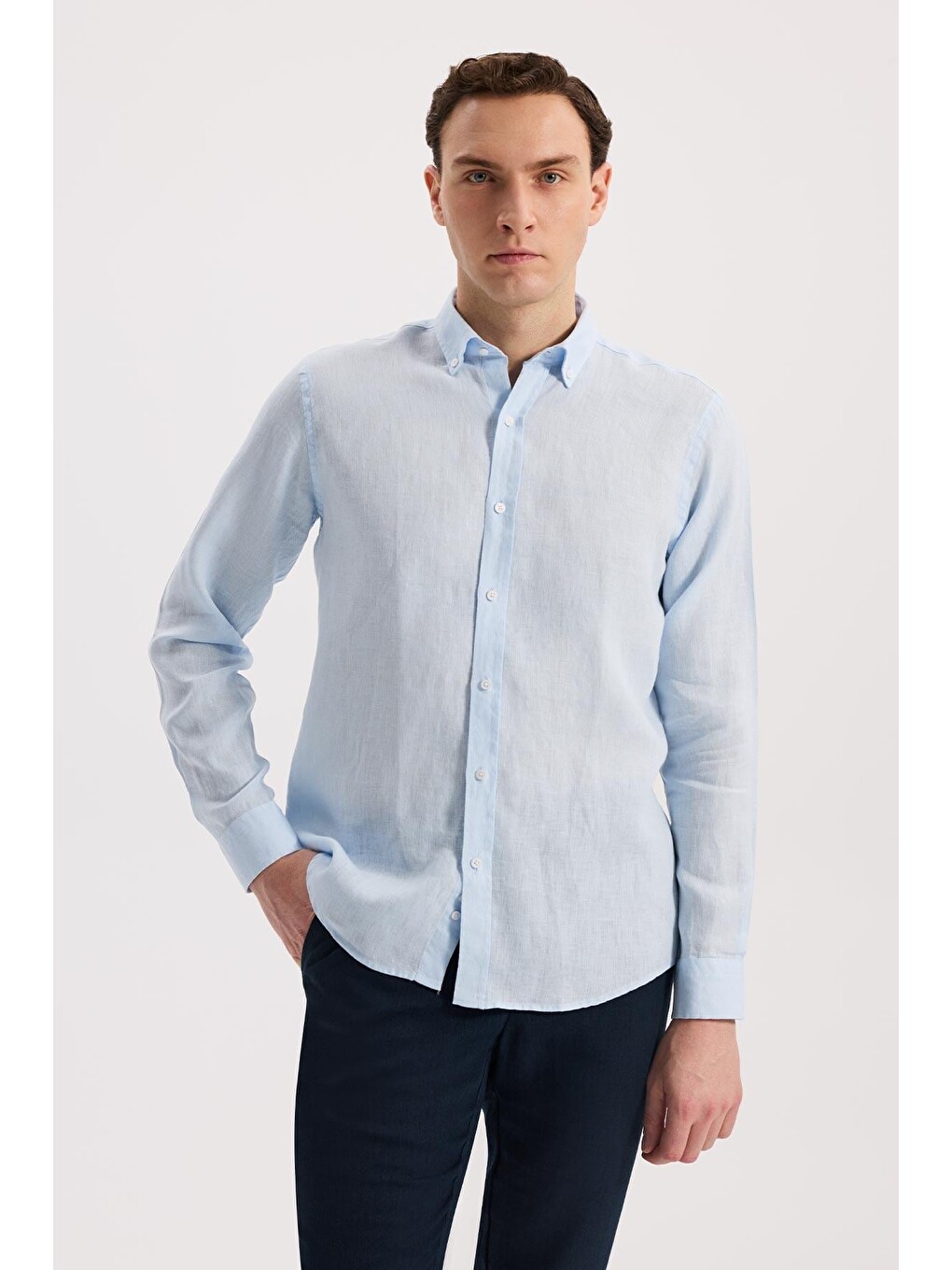 Buz Mavi  Comfort Fit %100 Keten Klasik Yaka Gömlek