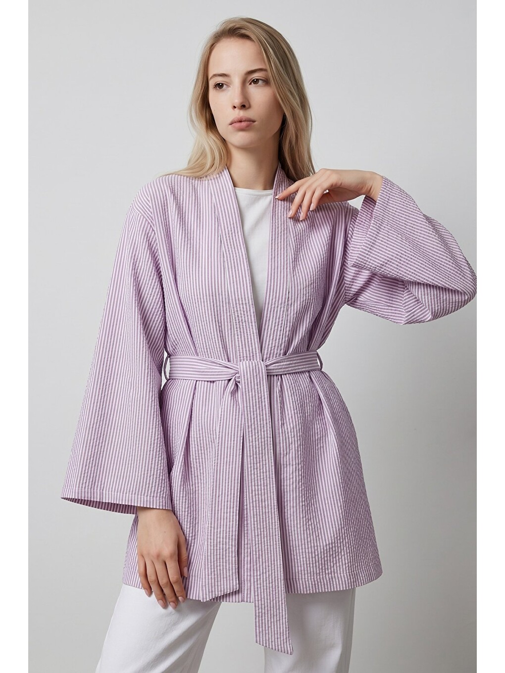 Lila Kadın Dikey Çizgili Geniş Kollu Yazlık Relaxed Kimono-6