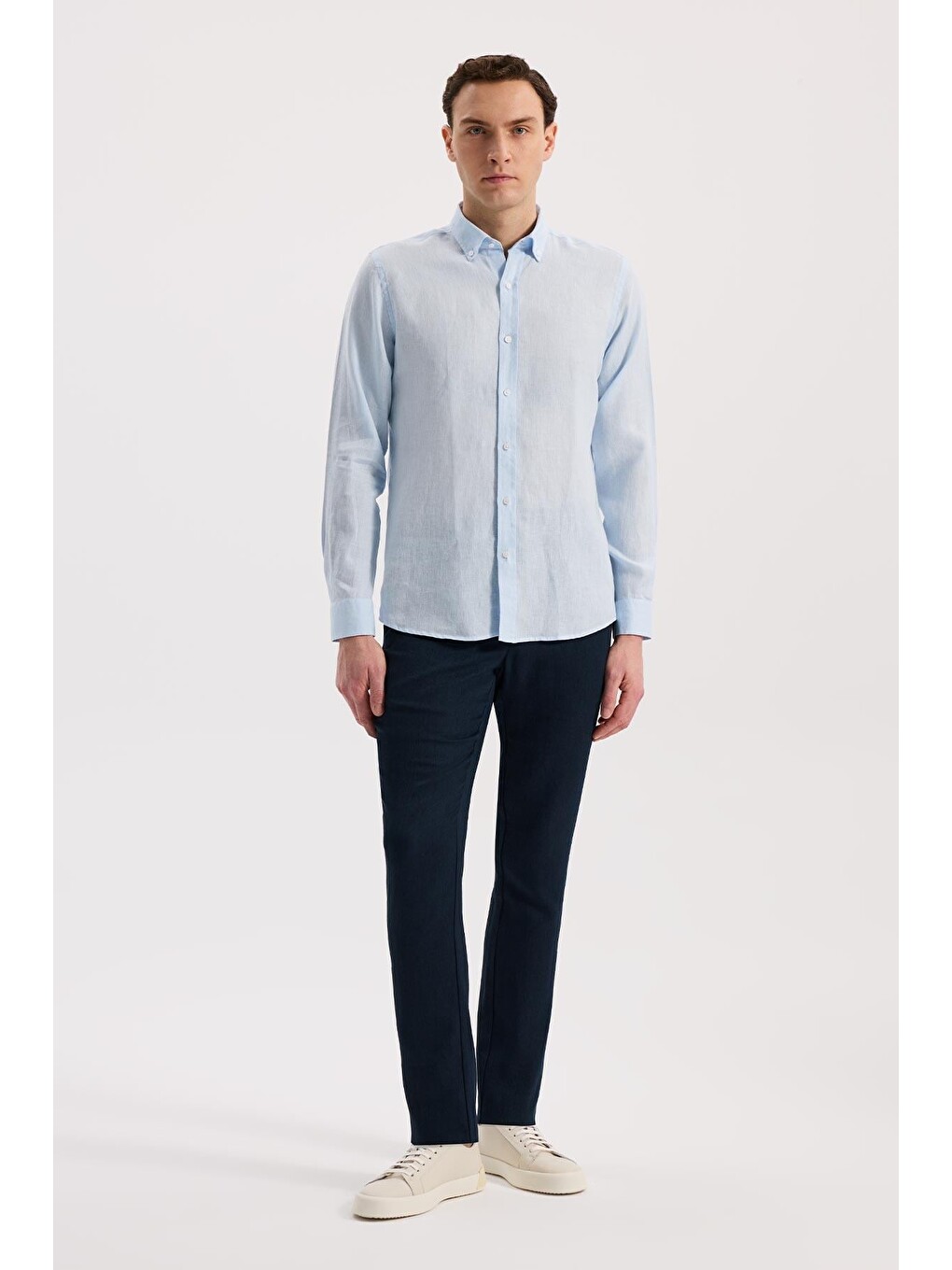 Buz Mavi  Comfort Fit %100 Keten Klasik Yaka Gömlek-1