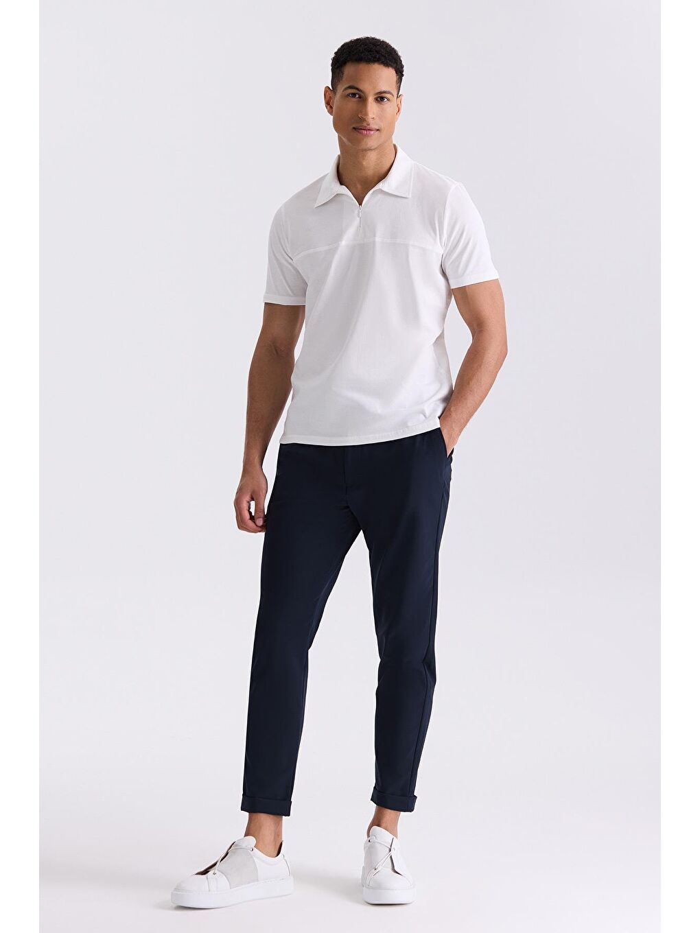 Ekru Beyaz Slim Fit Fermuarlı Polo Yaka T-Shirt-1