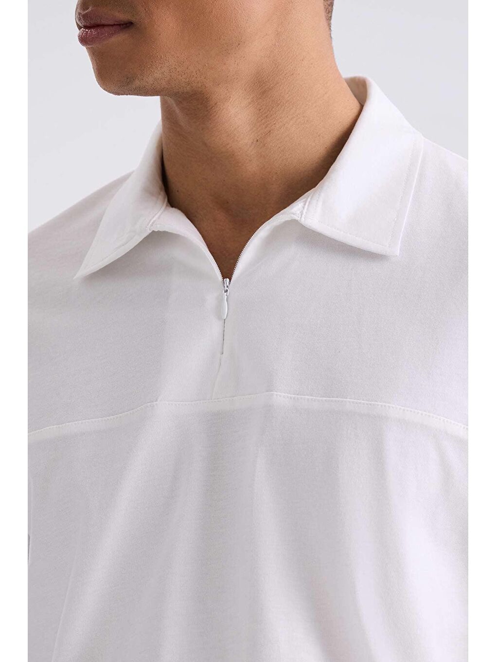 Ekru Beyaz Slim Fit Fermuarlı Polo Yaka T-Shirt-2