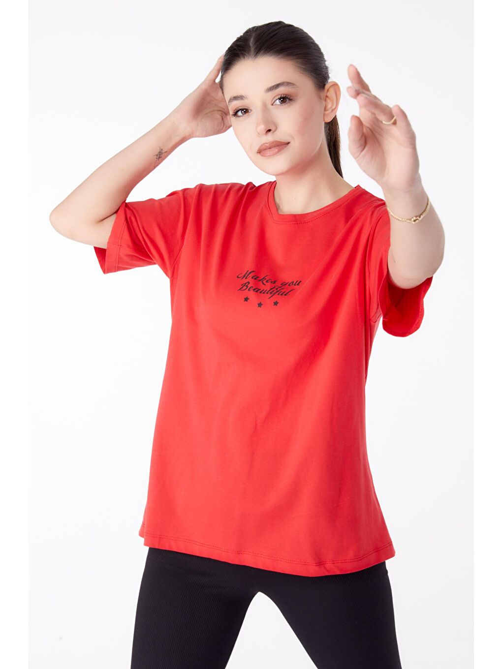 TOFİSA Kırmızı Düz Bisiklet Yaka Kadın Kırmızı Baskılı Kısa Kollu T-Shirt  - 25393