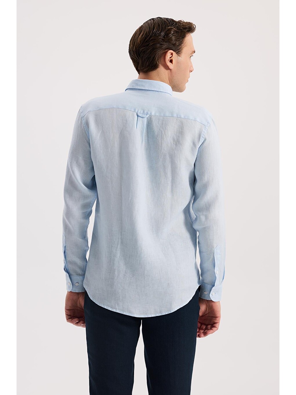 Buz Mavi  Comfort Fit %100 Keten Klasik Yaka Gömlek-3