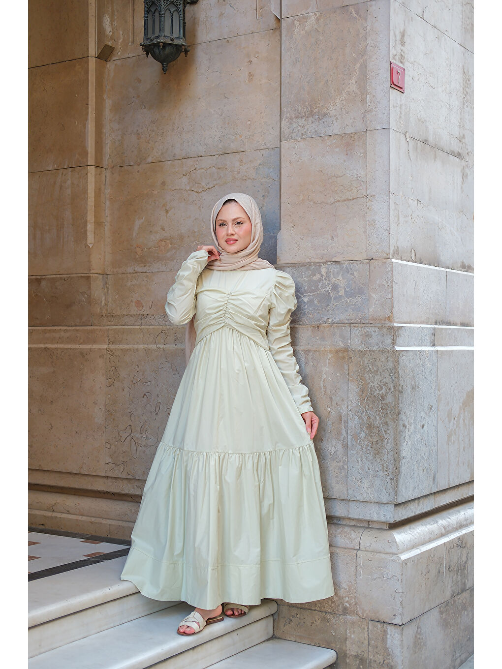 Kadın Büzgülü Poplin Elbise Fıstık Yeşil