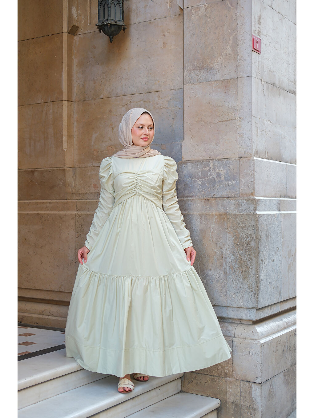 Kadın Büzgülü Poplin Elbise Fıstık Yeşil-1