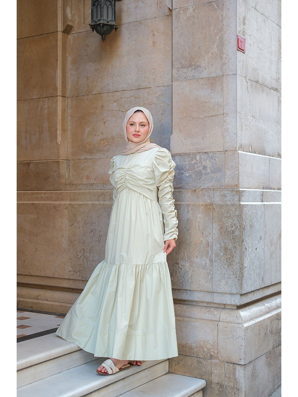 Kadın Büzgülü Poplin Elbise Fıstık Yeşil-2