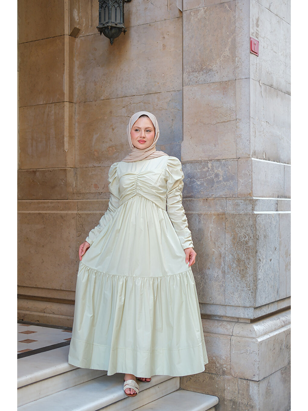 Kadın Büzgülü Poplin Elbise Fıstık Yeşil-3