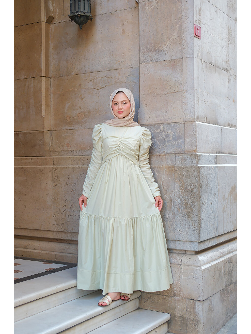 Kadın Büzgülü Poplin Elbise Fıstık Yeşil-4