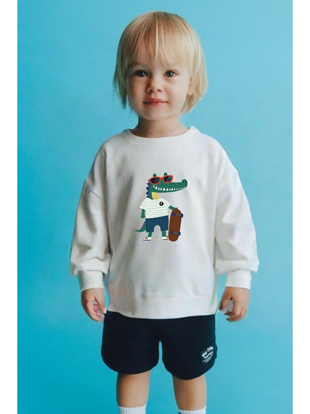 Ekru Erkek Çocuk Baskılı 3 İplik Kumaş Pamuklu Sweatshirt
