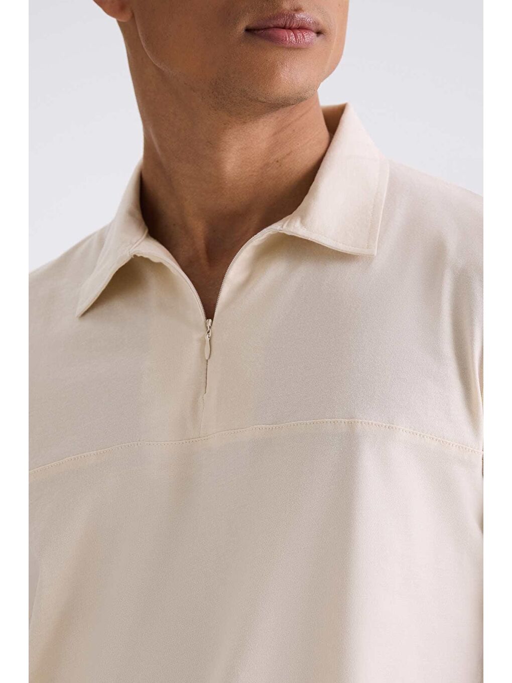 Bej Slim Fit Fermuarlı Polo Yaka T-Shirt-2