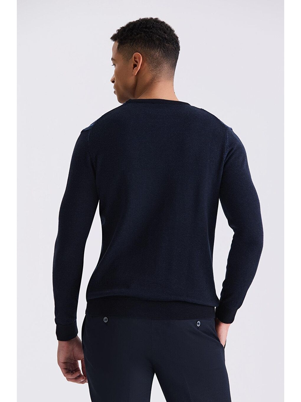 Lacivert / İndigo Slim Fit Bisiklet Yaka Çizgi Desenli Triko Kazak-3