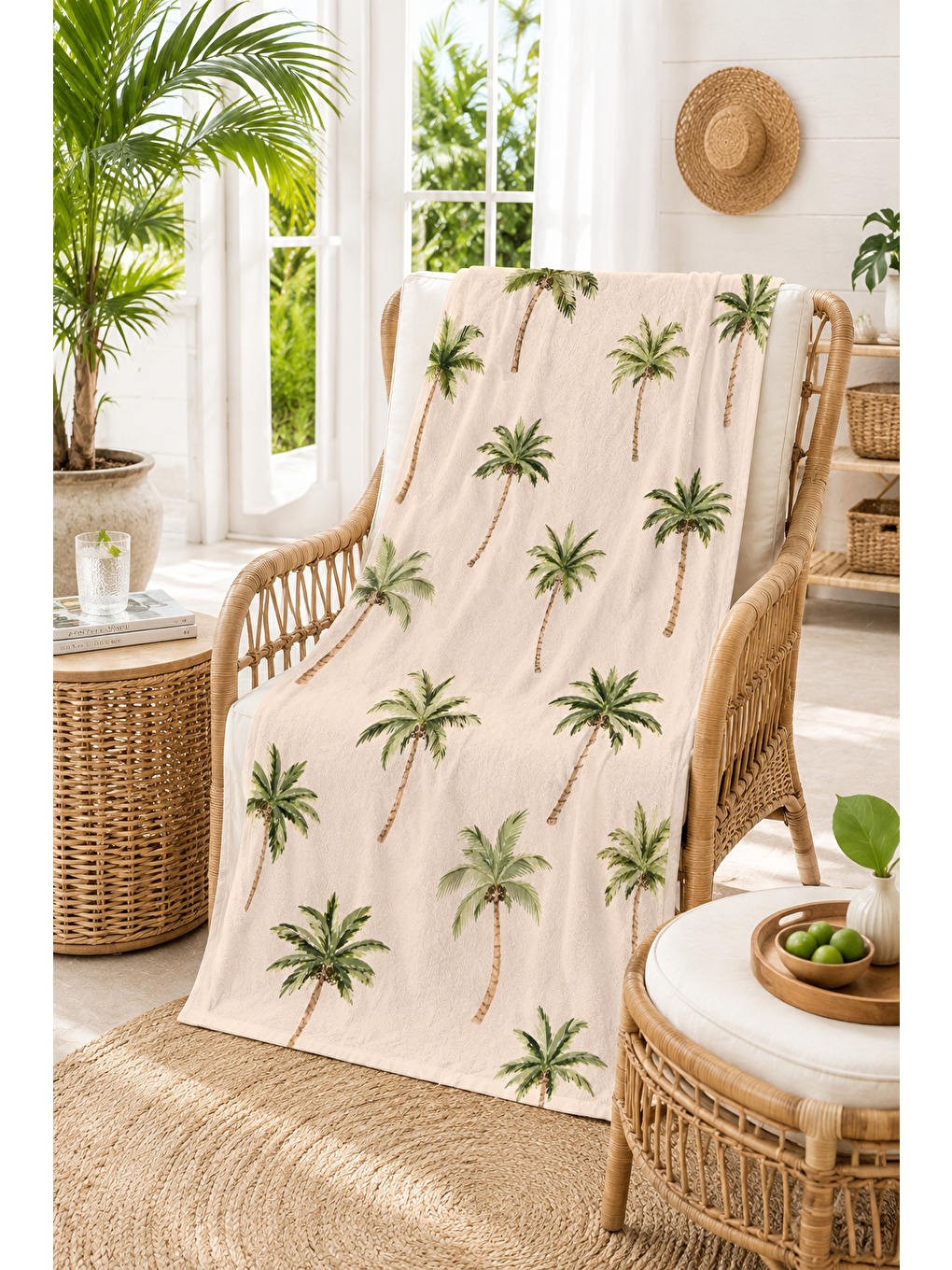 Bej Sade Palmiye Ağaç Desenli 70x150 Plaj Havlusu-3