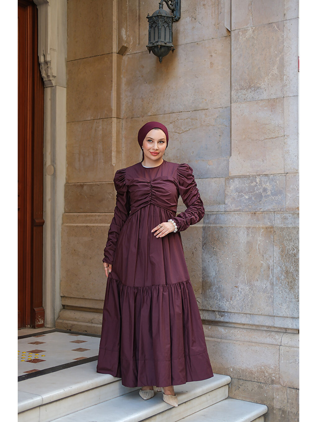 Kadın Büzgülü Poplin Elbise Bordo-1