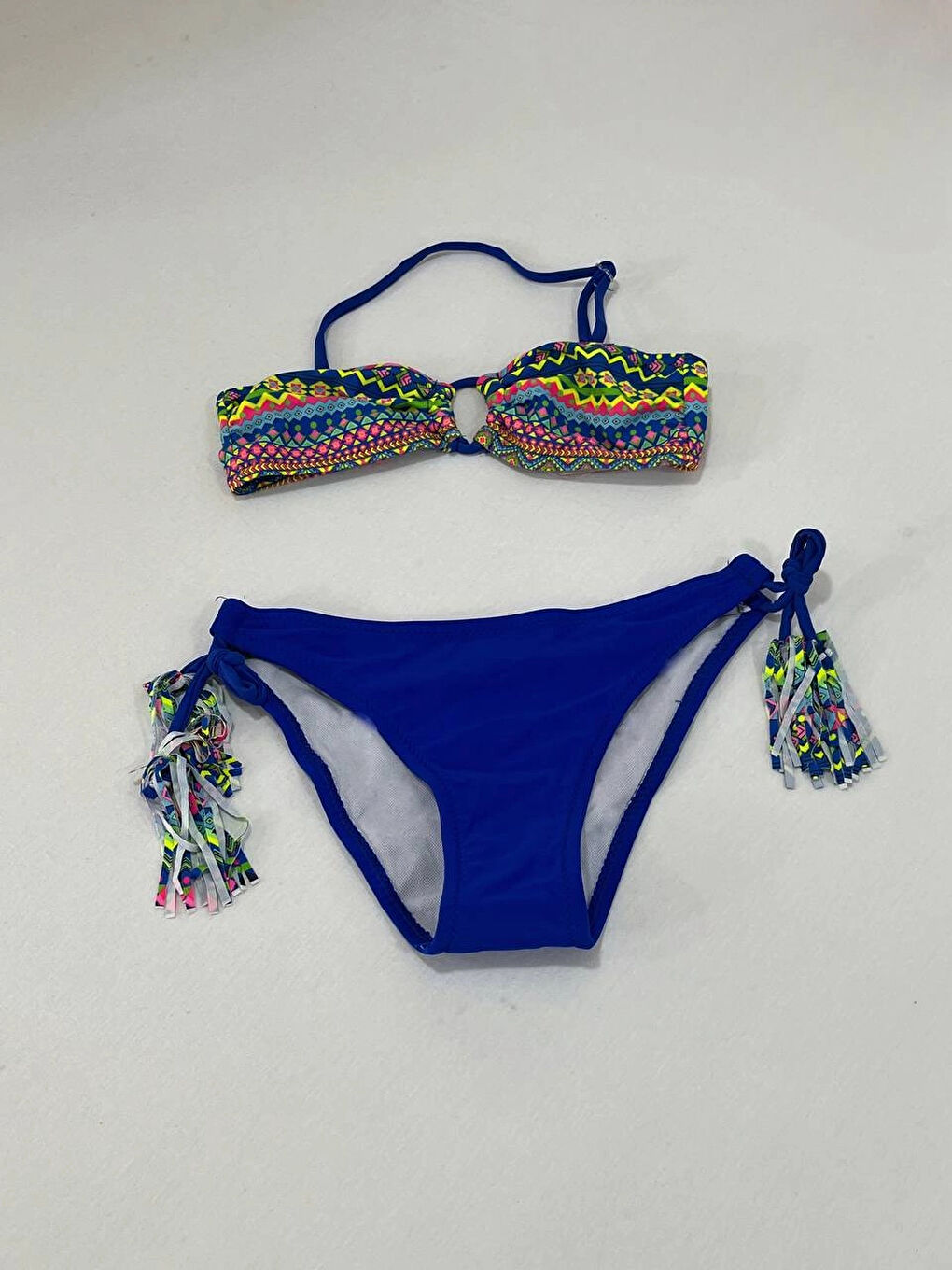 Kız Çocuk Mavi Çok Renkli İp Detaylı Astarlı 4-12 Yaş Üçgen Bikini Takım HZL24S-LC1904-2