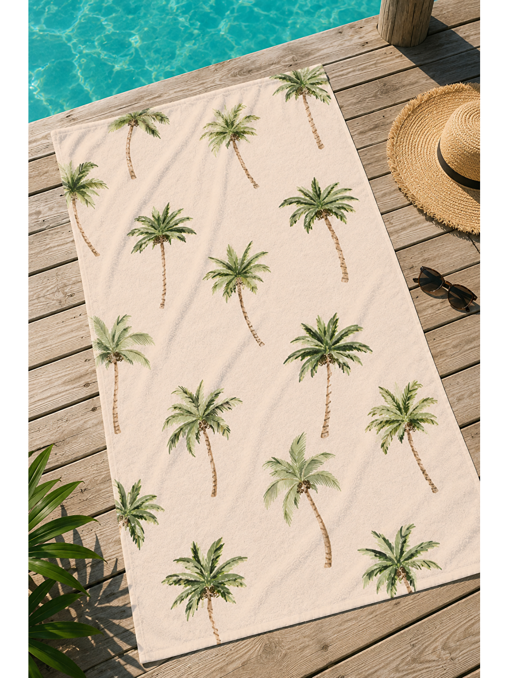 Bej Sade Palmiye Ağaç Desenli 70x150 Plaj Havlusu-4