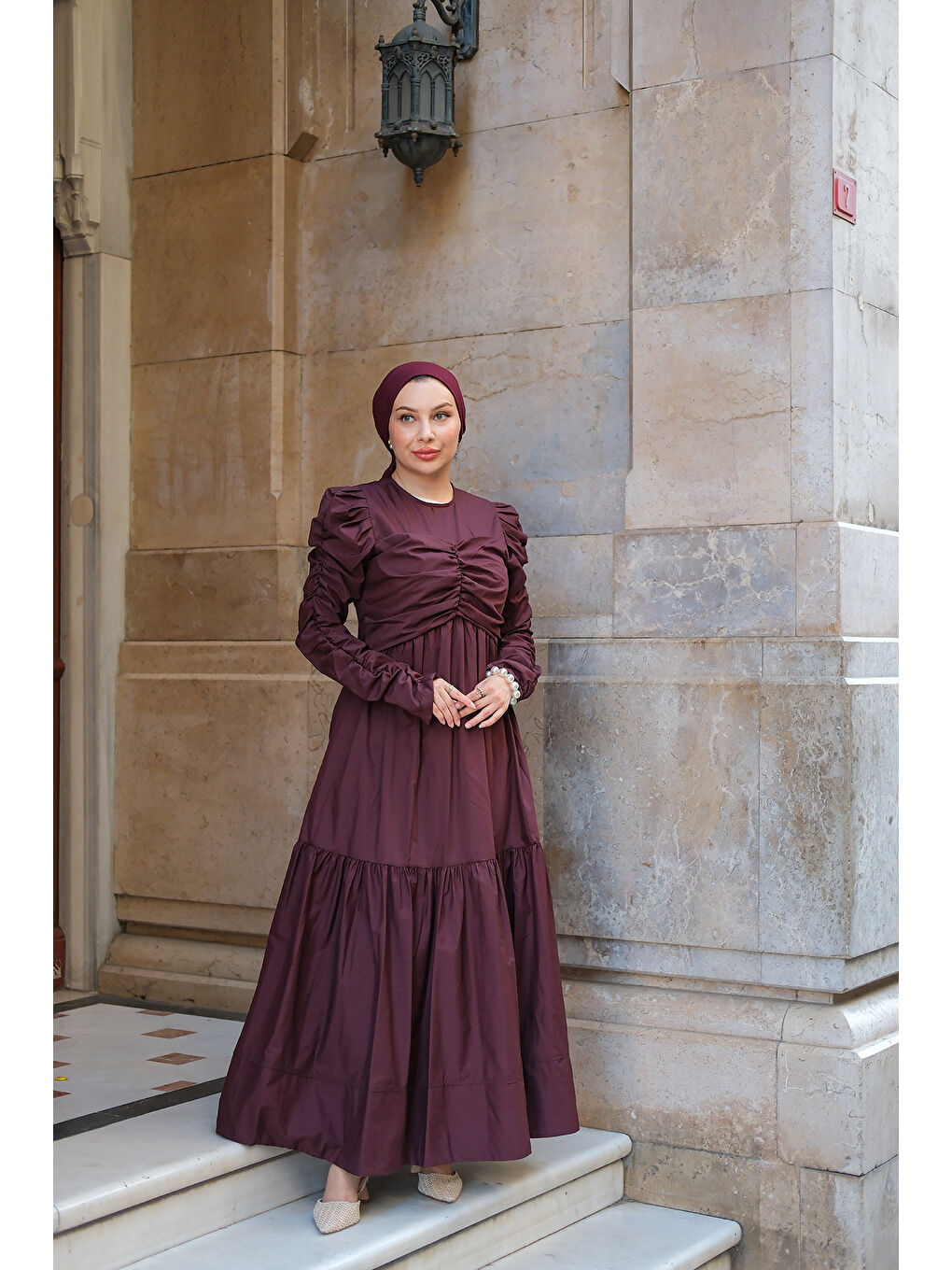 Kadın Büzgülü Poplin Elbise Bordo-2