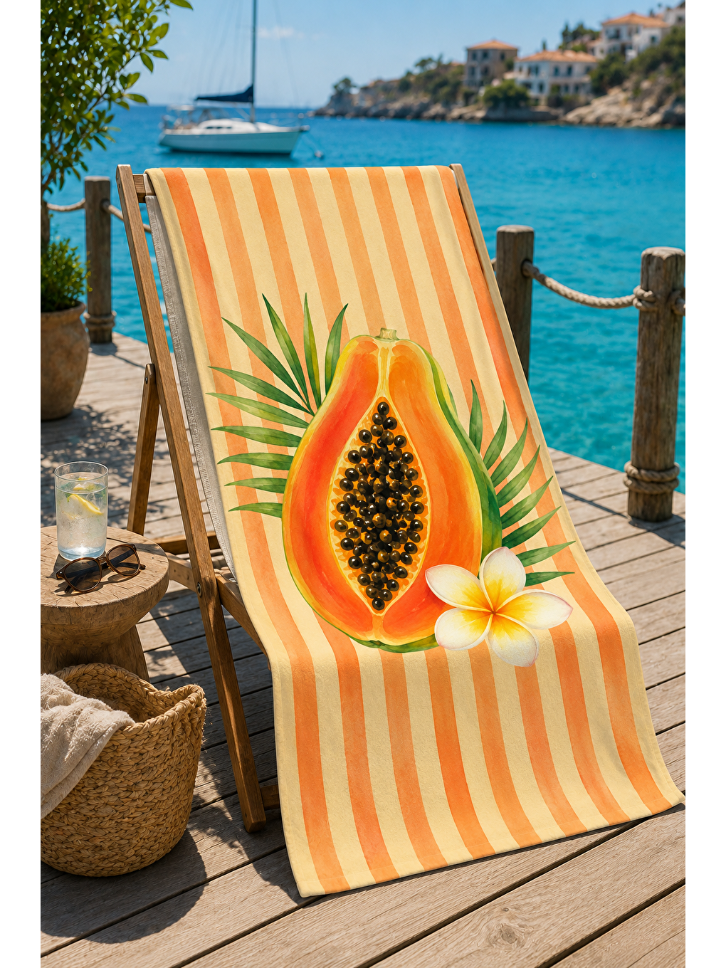 Turuncu Papaya Ve Tropik Çiçek Desenli 70x150 Plaj Havlusu-1