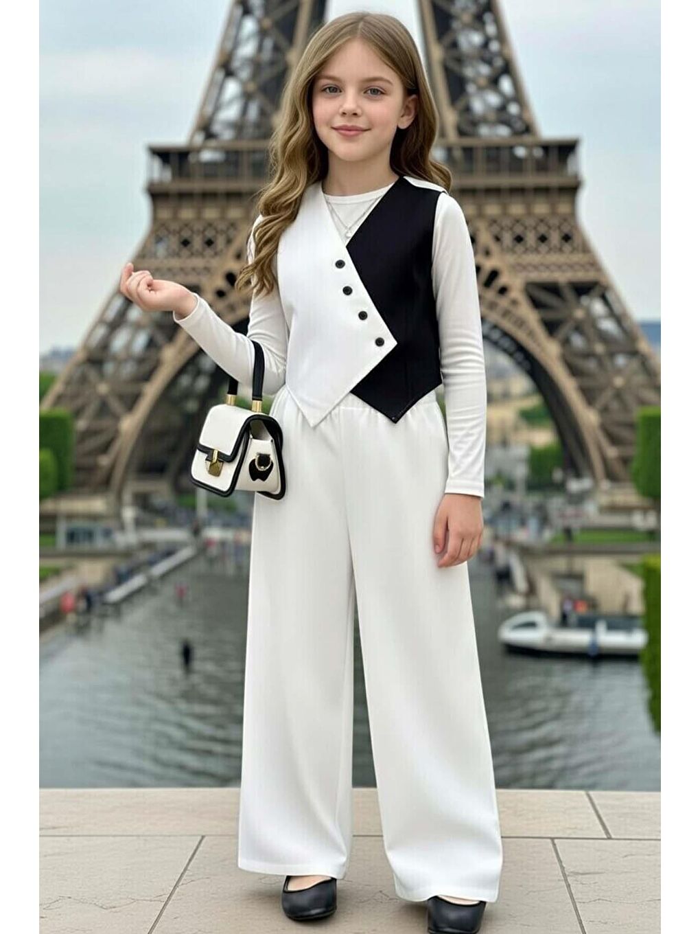 Kız Çocuk Fitilli Badili Asimetrik Kesim Yelek Palazzo Beyaz Alt Üst Takım