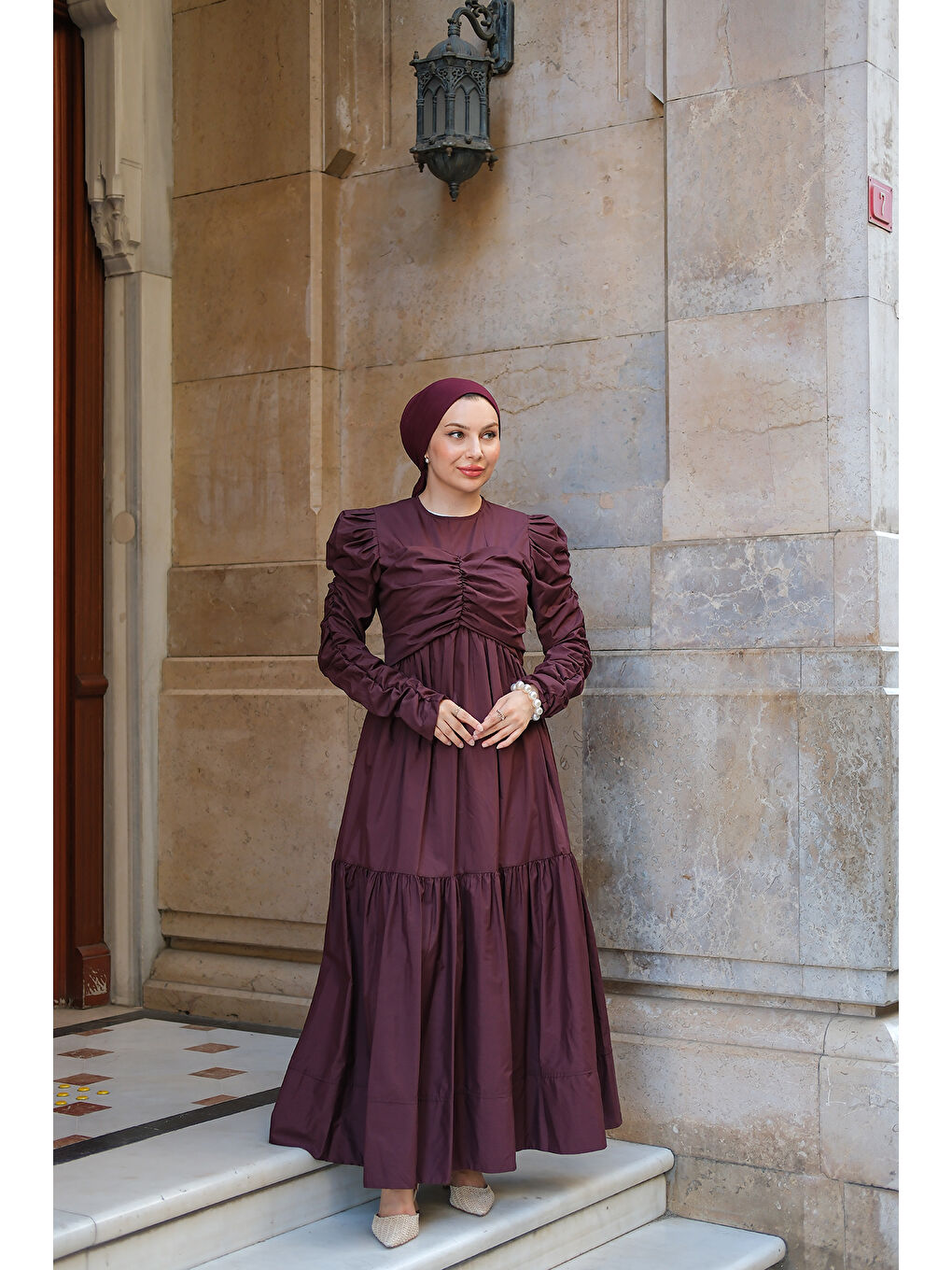 Kadın Büzgülü Poplin Elbise Bordo-3